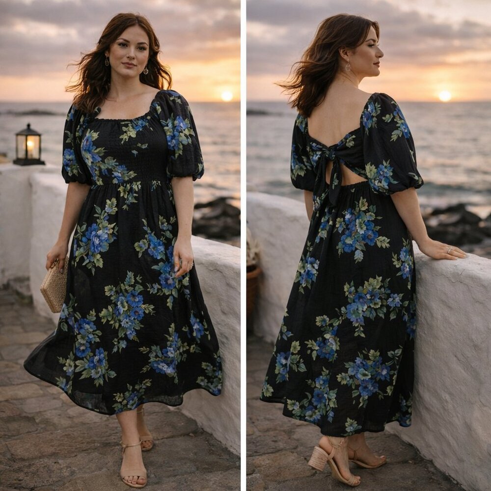 🌿 MARAN Black Floral Midi Dress – Romantic Bow Back Event Dress
